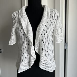 St Johns Bay Cropped Open Knit Cardigan Womens Large White Short Sleeve